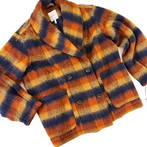Avec Les Filles Coat Women Large Orange Navy Fuzzy Plaid New Double Breasted Pea